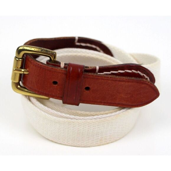 ITALIAN BROWN GENUINE LEATHER 1 1/4"Wd CREAM CANVAS GOLF MEN'S BELT 42-44 (67M - Picture 2 of 11